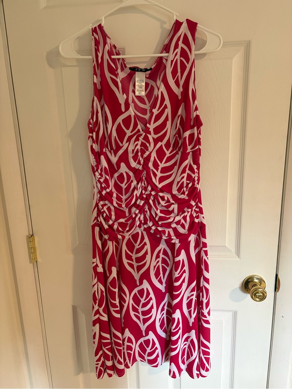 Ruched V-Neck Pink & White Leaf-Print Midi Dress